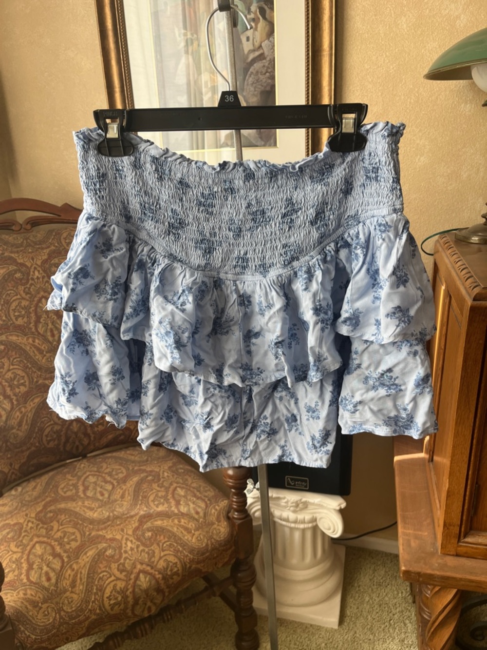 Kingston Grey, Light Blue & White Floral Tiered Ruffle Mini Skirt